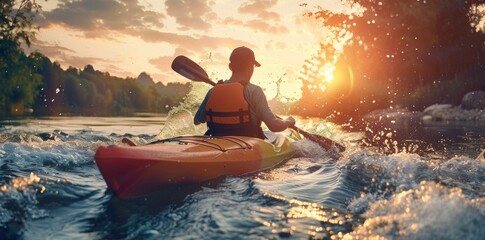 kayak canoe floats down the river at sunset - obrazy, fototapety, plakaty