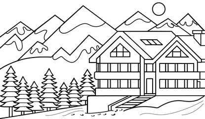 Snowy rocky mountain Christmas ski hotel house vacation forest lake Winter sports travel landscape Holiday season hand drawn line learning black and white simple illustration coloring book cartoon