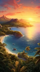 Generative AI A stunning drone's view of islands with palm trees bathed in the warm, golden light of the setting sun, painting a picturesque and peaceful seascape