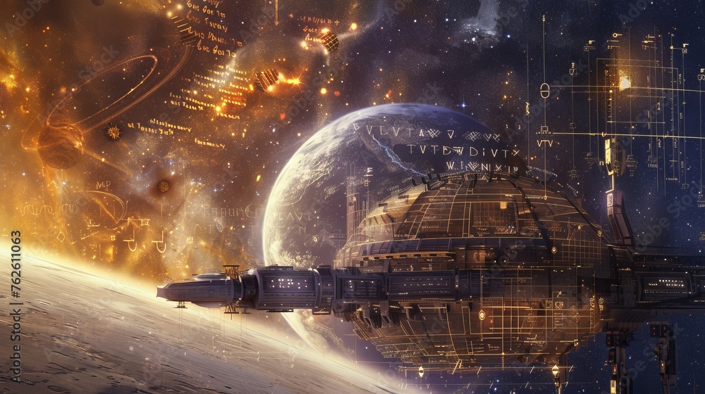 Poster a realistic depiction of a sci-fi space habitat orbiting a distant planet, showing advanced technolo
