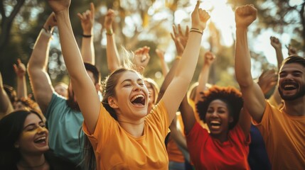 A diverse group of individuals standing together with their hands lifted in the air, showcasing unity, solidarity, and support for each other.