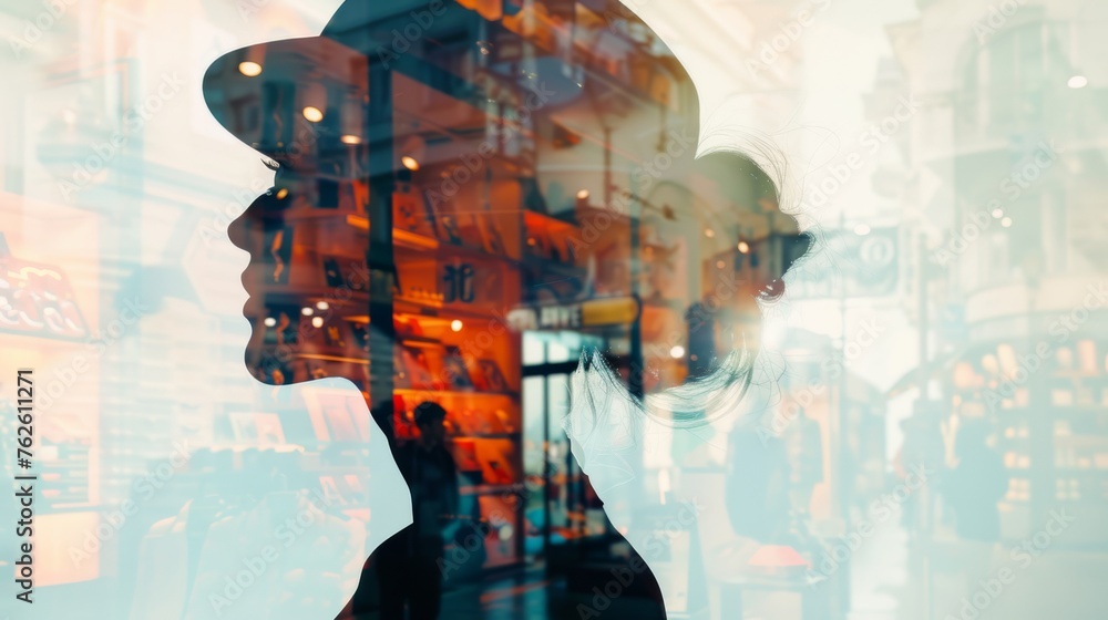 Poster A womans face is reflected in a window, creating a double exposure effect. The reflection shows her features clearly against the backdrop of the window pane.