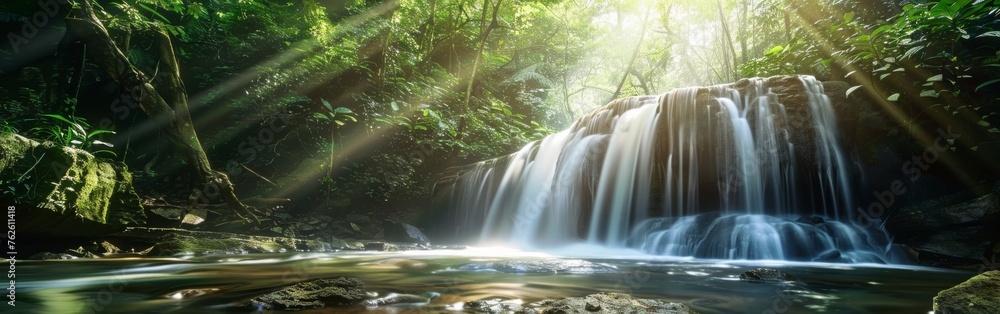 Poster a waterfall is flowing into a river in a lush green forest. the sunlight is shining on the water, cr