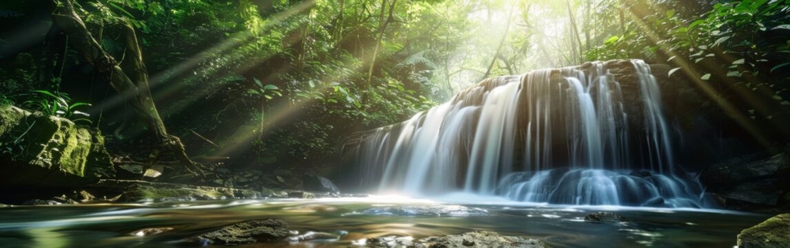 A waterfall is flowing into a river in a lush green forest. The sunlight is shining on the water, creating a serene and peaceful atmosphere