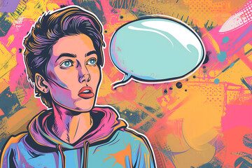 Pop art boy with speach bubble for text in retro comic style