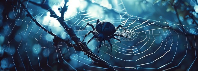 A spider is sitting on a web in the dark - Powered by Adobe