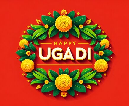 Illustration of poster for ugadi with a marigold flowers and mango leaves.