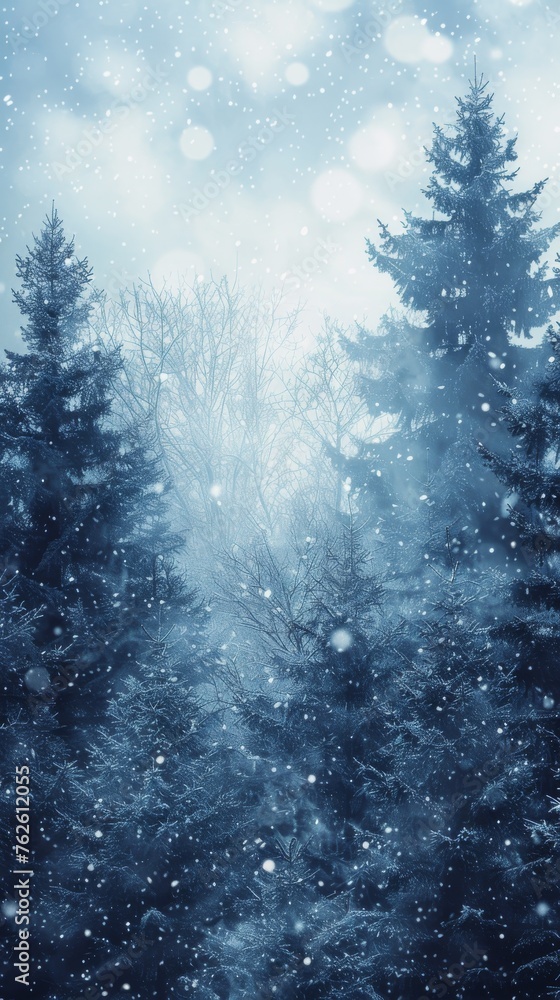Aufkleber A snowy forest with trees covered in snow. The trees are tall and the snow is falling from the sky. The scene is peaceful and serene, with the snow creating a beautiful and calming atmosphere