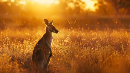 A kangaroo is standing in a field of tall grass. The sun is setting, casting a warm glow over the scene. The kangaroo appears to be looking off into the distance