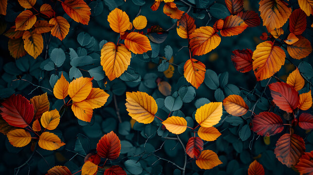 Overhead shot showcasing an array of autumn leaves and small branches, space reserved for copy, free from text, logos, brands, or letters, maximum resolution, cinematic quality