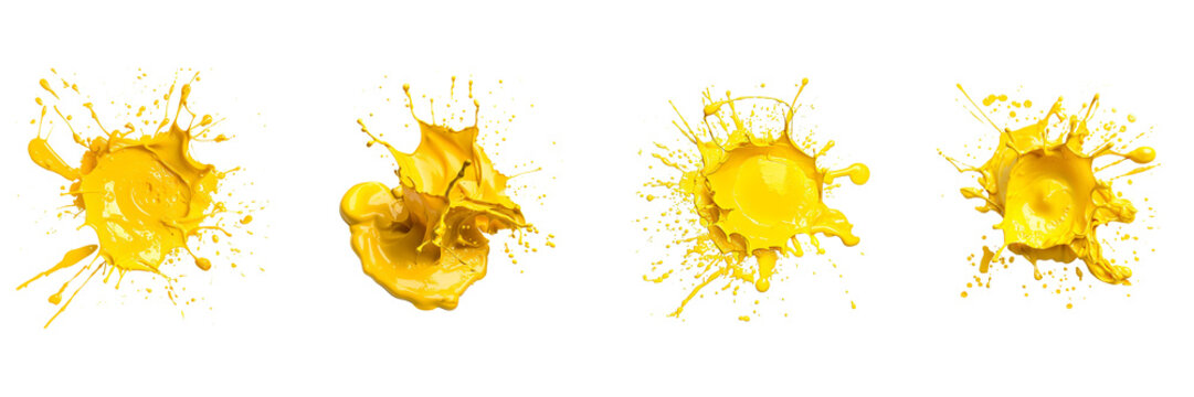 Set of yellow color explosion of plastic paint isolated on a transparent background