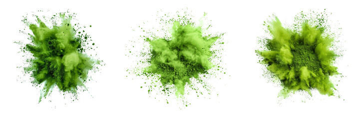 Set of green color explosion of holi powder isolated on a transparent background