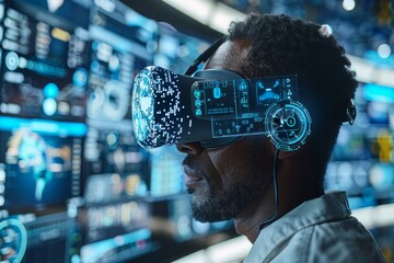 Man using advanced virtual reality headset with digital overlays.
