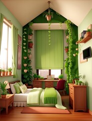 Interior of a green bedroom with green walls and wooden floor.