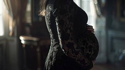 A beautiful pregnant woman dressed in a black lace dress