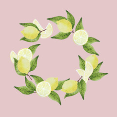Corona de limones, gajos, mitades y hojas pintados a mano con acuarelas sobre fondo rosa pálido...