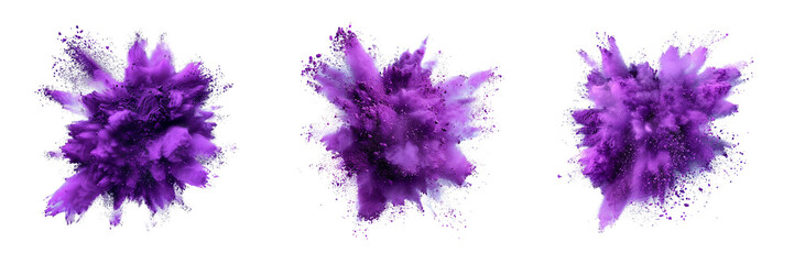 Set of purple color explosion of holi powder isolated on a transparent background - obrazy, fototapety, plakaty
