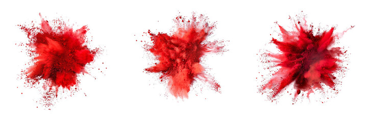 Set of red color explosion of holi powder isolated on a transparent background