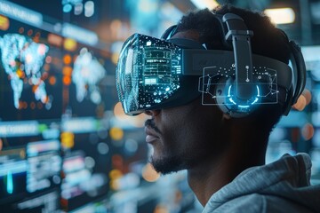 Man using advanced virtual reality headset with digital overlays.