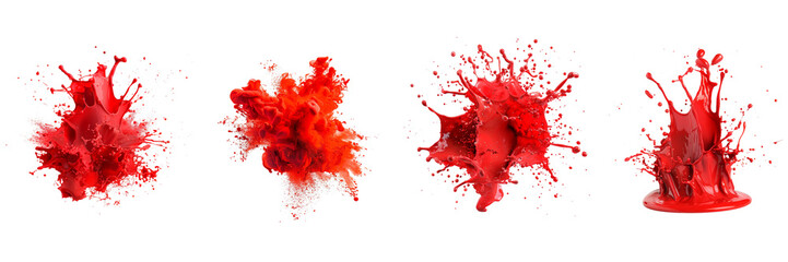 Set of red color explosion of plastic paint isolated on a transparent background