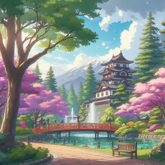 Background Hirosaki Park Japan anime style 