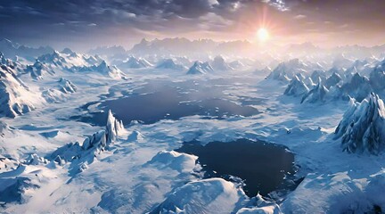 Sunrise on a snowy polar land, mountains and lakes,  winter landscape