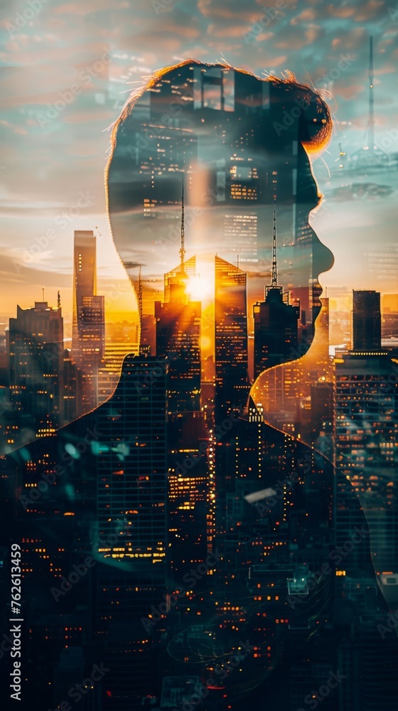 Aufkleber a double exposure featuring a womans face superimposed in front of a cityscape. the womans features 