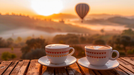 In a highaltitude balloon a simple yet nutritious breakfast is served against the backdrop of a breathtaking sunrise where the light and shadows play in pop art hues - obrazy, fototapety, plakaty