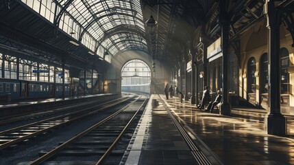 Generative AI Detailed view of a train station, tracks, platforms, passengers, architectural details, realistic atmosphere, photorealistic style