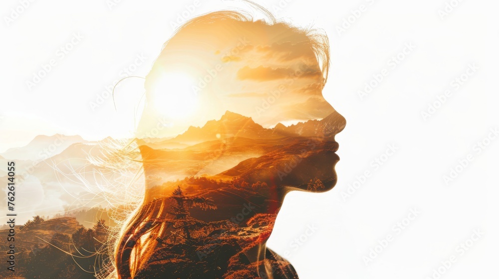 Aufkleber A double exposure featuring a womans face superimposed with mountains in the background. The womans facial features blend seamlessly with the rugged outlines of the mountains, creating a striking visu