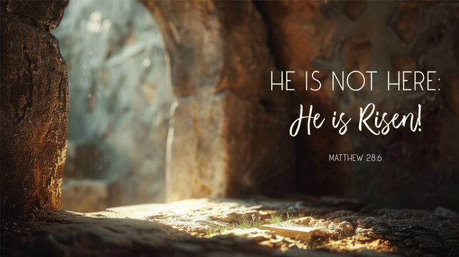 Easter image with Bible Verse He is not here He is Risen the tomb is empty