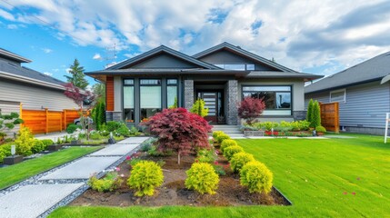 Front yard, landscape design with multicolored shrubs and green grass with a beautiful yard for the background. - obrazy, fototapety, plakaty