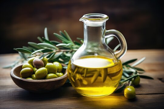 Glass jug with olive oil on wooden table and olives.