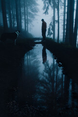 Wieczorny spacer z psem po tajemniczym lesie w Rudawach Janowickich  - obrazy, fototapety, plakaty