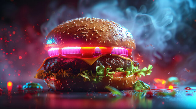 Design a futuristic neon-themed 3D rendering of a mouth-watering hamburger, complete with glowing condiments and toppings, high detailed