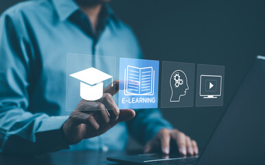 Online education and e-learning concepts. A man interacts with e-learning icons virtually,...