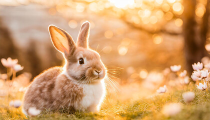 Cute bunny on spring grass, sunny bokeh on background. Generative AI.