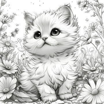 Coloring page, black and white children's page of an adorable cat