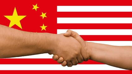 businessmen handshaking on Usa or American and China flags relationships deal concept
