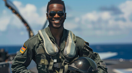 A pilot in uniform smiling and holding a helmet after completing his duty