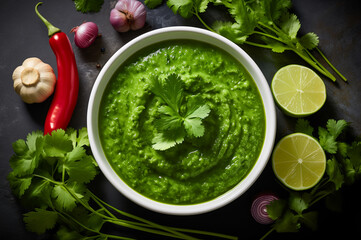 Cilantro chutney in white ceramic bowl. Horizontal, top view with ingredients on dark background.