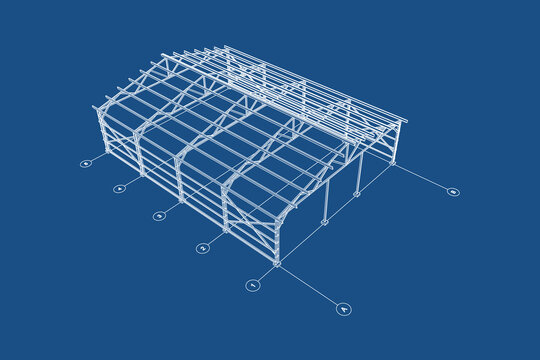 3D steel frames of a industrial building. Best vector architectural blueprint.
