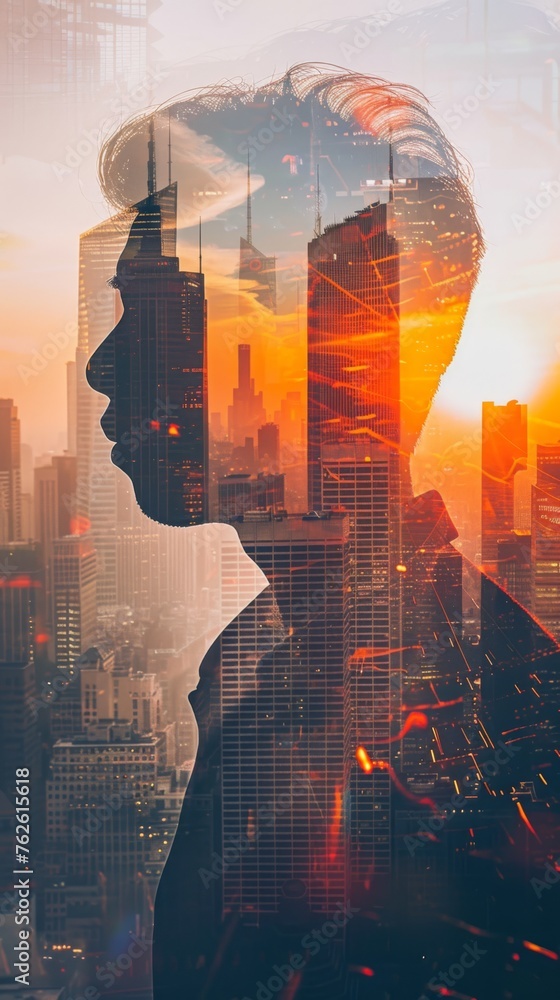 Poster a double exposure featuring the profile of a womans face overlaid on a busy cityscape. the womans fe