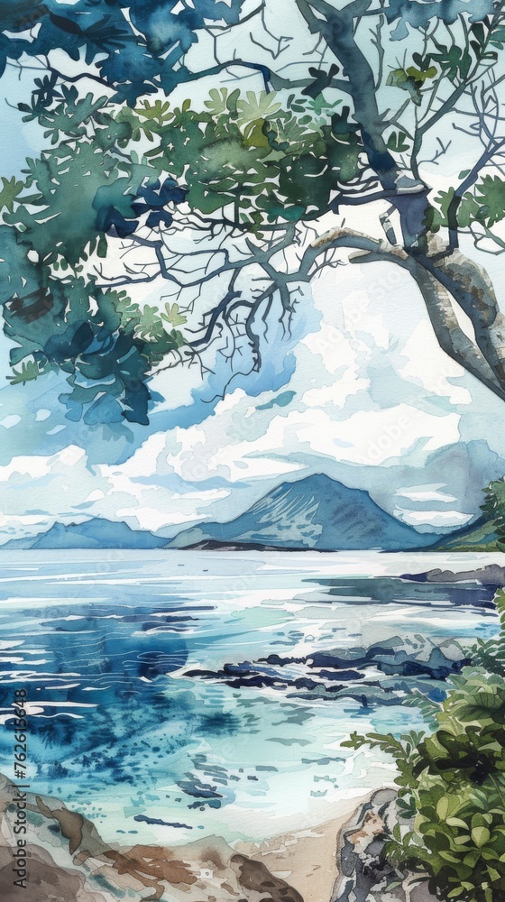 Poster a painting of a beach with a tree in the background. the mood of the painting is calm and peaceful