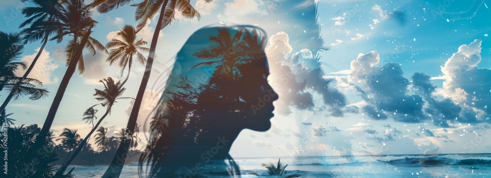 Poster A double exposure of a womans face superimposed with palm trees in the background, creating a unique visual effect.