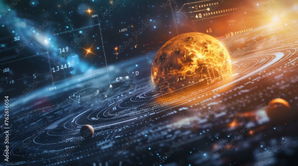 Poster a realistic depiction of a solar system with multiple planets orbiting a central star, with a backdr