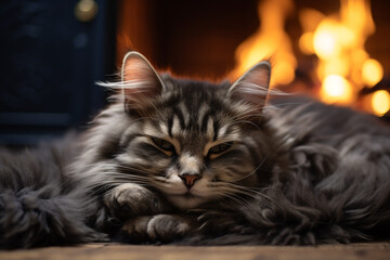 Obraz premium Cute black fluffy pet. He sleeps on the carpet in front of the fireplace сreated with Generative Ai