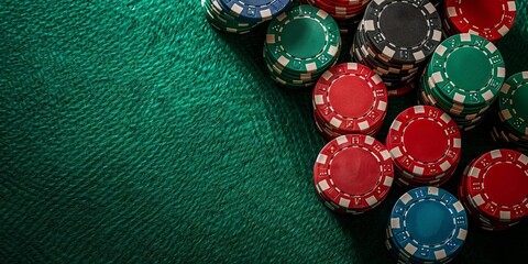 colored gaming chips on the background of a casino gaming table. Concept: poker and other betting games. banner with copy space - obrazy, fototapety, plakaty