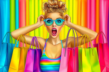 A surprised young woman with blue sunglasses surrounded by colorful shopping bags on a rainbow...