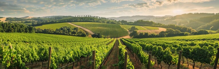 A vineyard stands out in the middle of a vast, green field, with rows of grapevines extending into the distance under a clear sky. - obrazy, fototapety, plakaty
